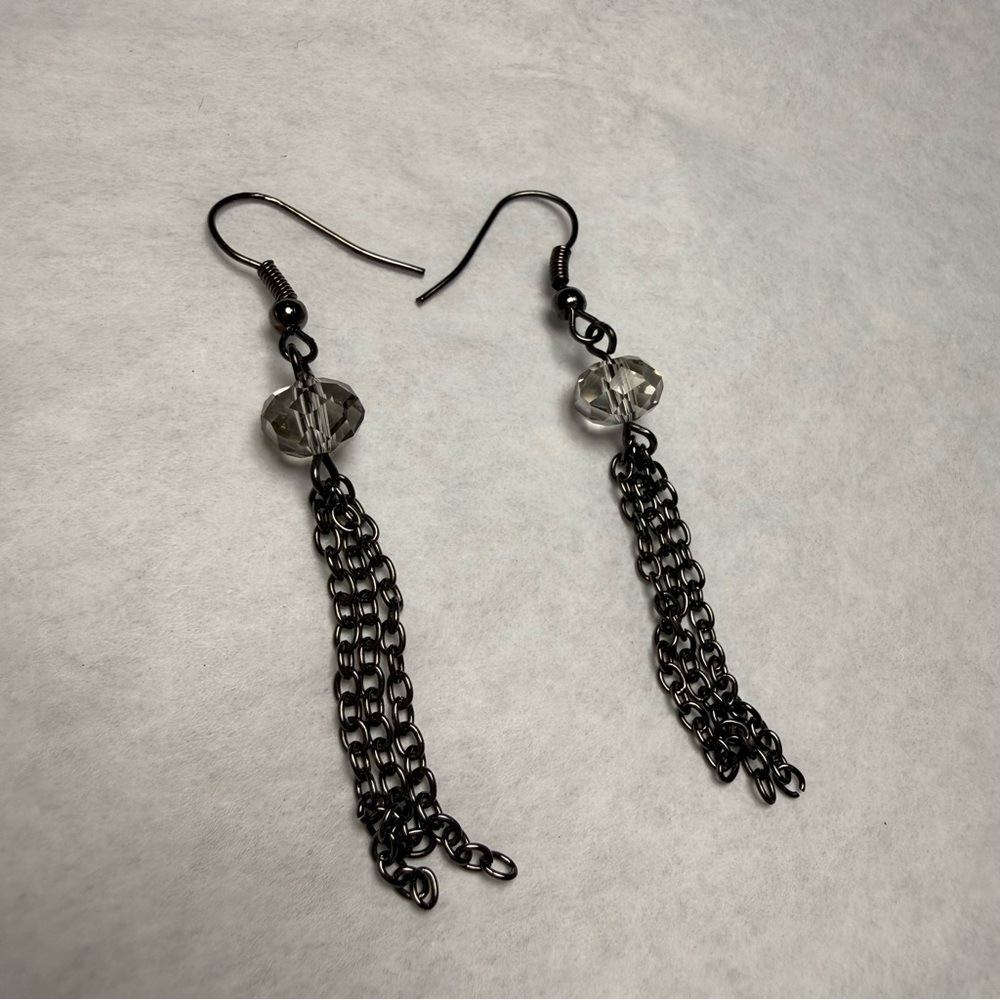 Black Chain Tassel Drop Earrings Looks with Smoky Crystal Bead